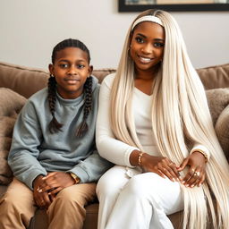 A teenager sitting on a sofa with his mother, who has incredibly long, soft, and straight hair flowing down freely