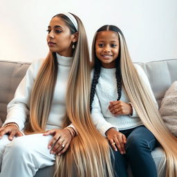 A teenager sitting on a sofa with his mother, who has incredibly long, soft, and straight hair flowing down freely