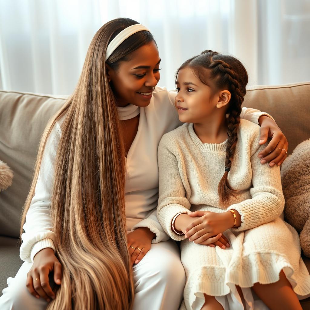 A teenager sitting on a sofa with his mother, who has incredibly long, soft, and straight hair flowing down freely