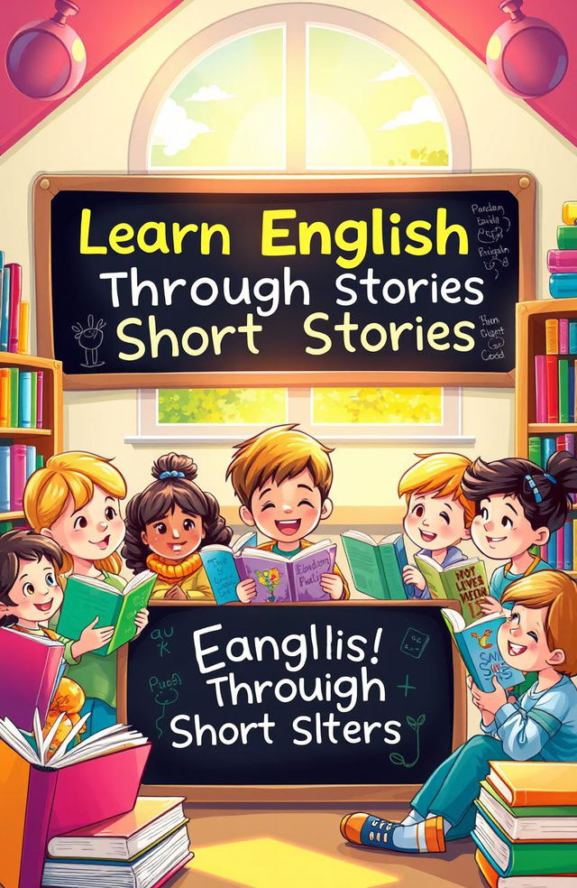 An enchanting children’s book cover illustration for a title, 'Learn English Through Short Stories', featuring a diverse group of children happily engaged in reading and storytelling