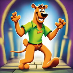 A fun, energetic image of Scooby Doo with his signature goofy smile, preparing for a new adventure in a spooky, yet lighthearted, haunted mansion