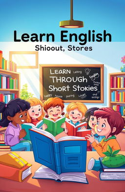 An enchanting children’s book cover illustration for a title, 'Learn English Through Short Stories', featuring a diverse group of children happily engaged in reading and storytelling