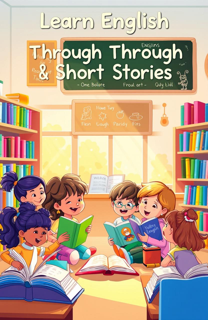 An enchanting children’s book cover illustration for a title, 'Learn English Through Short Stories', featuring a diverse group of children happily engaged in reading and storytelling