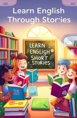 An enchanting children’s book cover illustration for a title, 'Learn English Through Short Stories', featuring a diverse group of children happily engaged in reading and storytelling