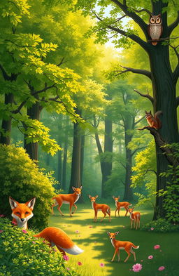 A serene and enchanting forest scene filled with various forest animals