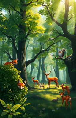 A serene and enchanting forest scene filled with various forest animals