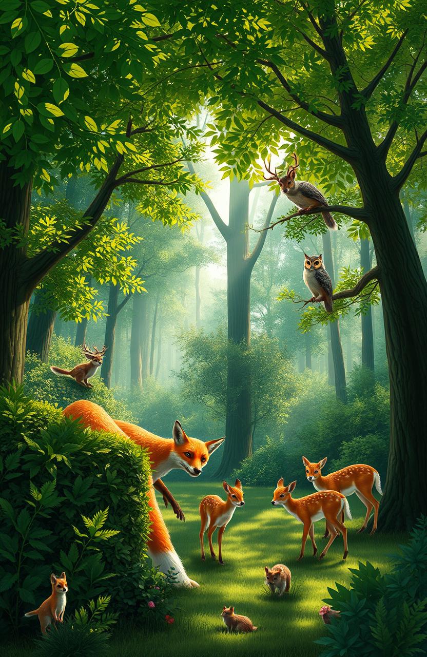 A serene and enchanting forest scene filled with various forest animals