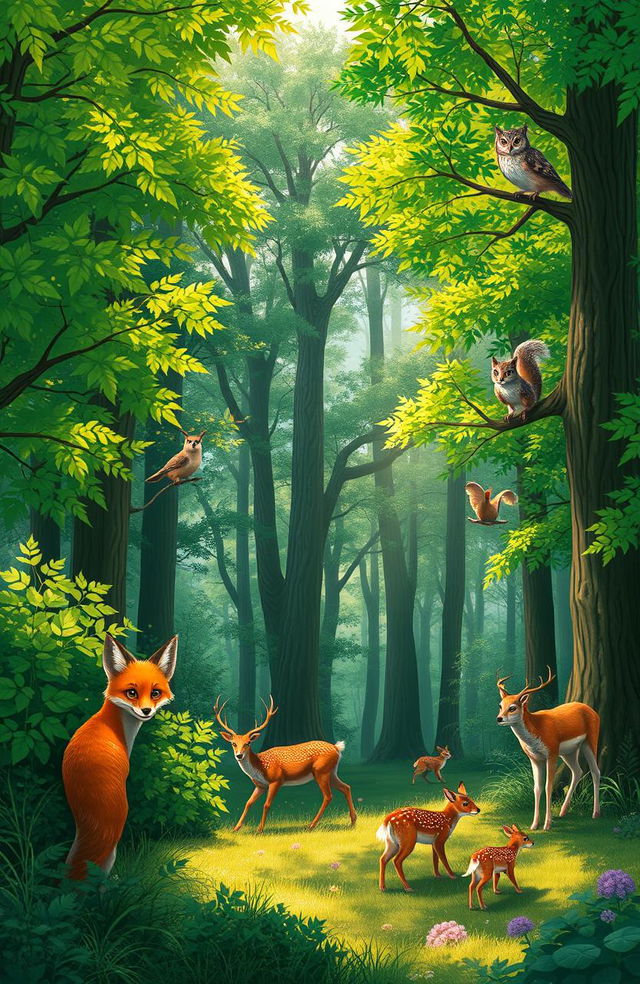 A serene and enchanting forest scene filled with various forest animals