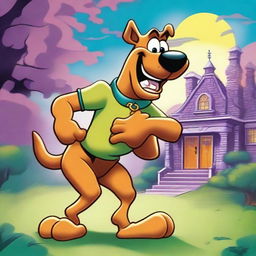 A fun, energetic image of Scooby Doo with his signature goofy smile, preparing for a new adventure in a spooky, yet lighthearted, haunted mansion