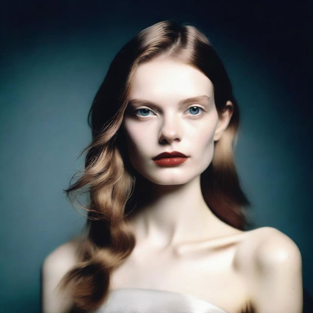 Generate a hyper-realistic Polaroid photograph of a fashion model with pale skin, brown hair, and narrow shoulders, posing in a dark setting illuminated by a camera flash