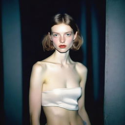 Generate a hyper-realistic Polaroid photograph of a fashion model with pale skin, brown hair, and narrow shoulders, posing in a dark setting illuminated by a camera flash