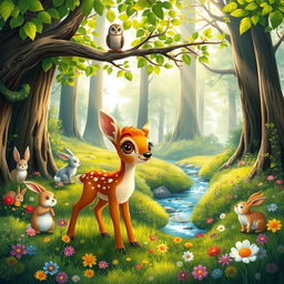 A whimsical and enchanting forest scene filled with various adorable woodland animals