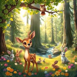 A whimsical and enchanting forest scene filled with various adorable woodland animals