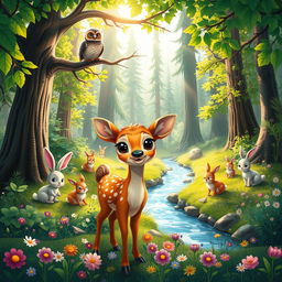 A whimsical and enchanting forest scene filled with various adorable woodland animals