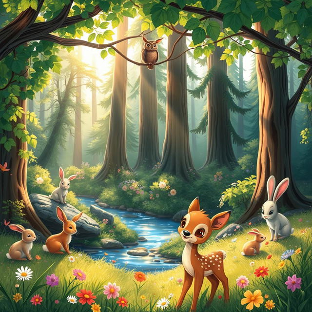 A whimsical and enchanting forest scene filled with various adorable woodland animals