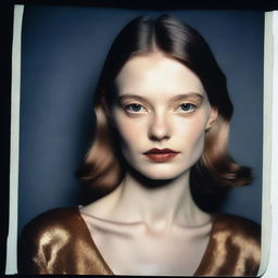 Generate a hyper-realistic Polaroid photograph of a fashion model with pale skin, brown hair, and narrow shoulders, posing in a dark setting illuminated by a camera flash