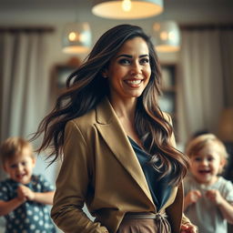 A stylish and dramatic portrait of a modern mother, exuding confidence and grace