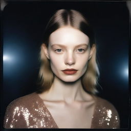 Generate a hyper-realistic Polaroid photograph of a fashion model with pale skin, brown hair, and narrow shoulders, posing in a dark setting illuminated by a camera flash