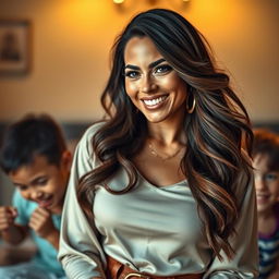 A stylish and dramatic portrait of a modern mother, exuding confidence and grace