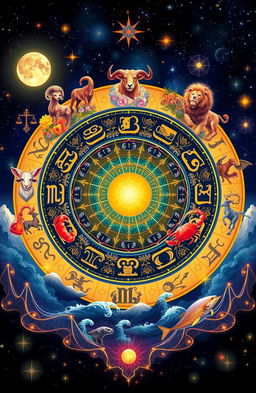 A mystical and vibrant depiction of a horoscope chart surrounded by ornate zodiac symbols