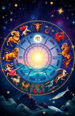A mystical and vibrant depiction of a horoscope chart surrounded by ornate zodiac symbols
