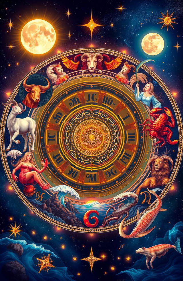 A mystical and vibrant depiction of a horoscope chart surrounded by ornate zodiac symbols