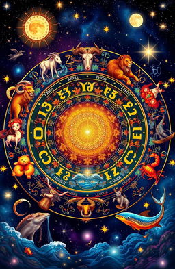 A mystical and vibrant depiction of a horoscope chart surrounded by ornate zodiac symbols