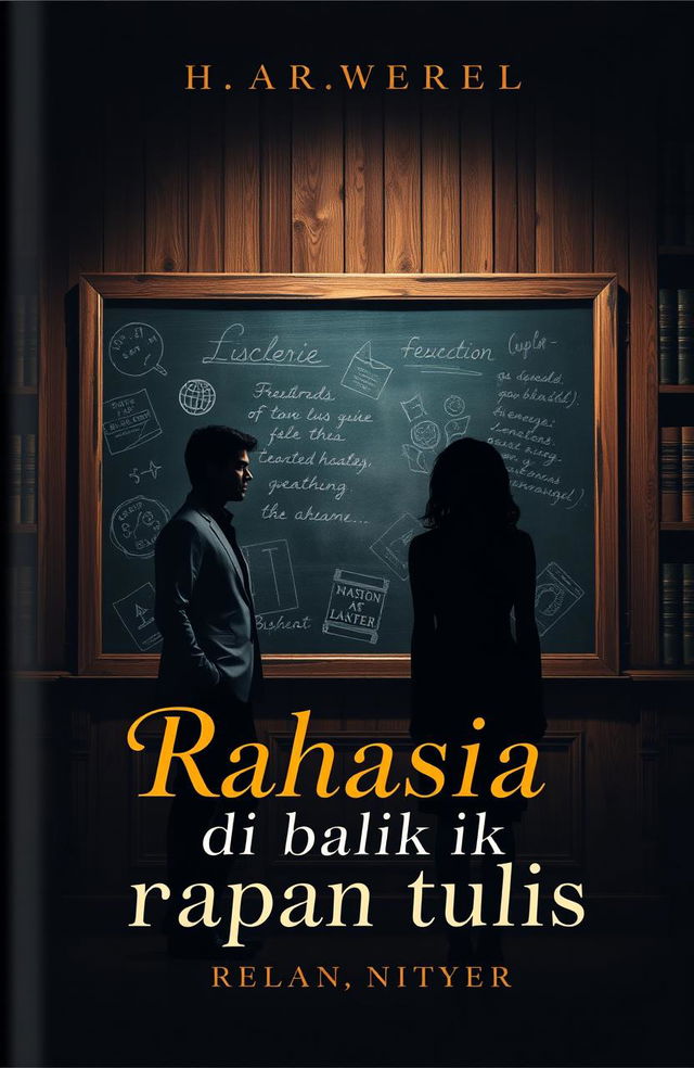 A captivating book cover for a novel titled 'Rahasia di balik papan tulis'