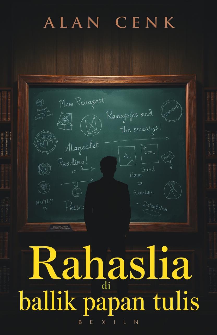 A captivating book cover for a novel titled 'Rahasia di balik papan tulis'