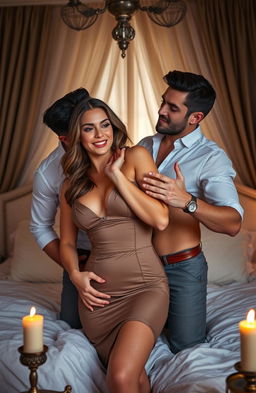 A romantic and erotic scene depicting a love triangle involving two handsome men and a beautiful woman