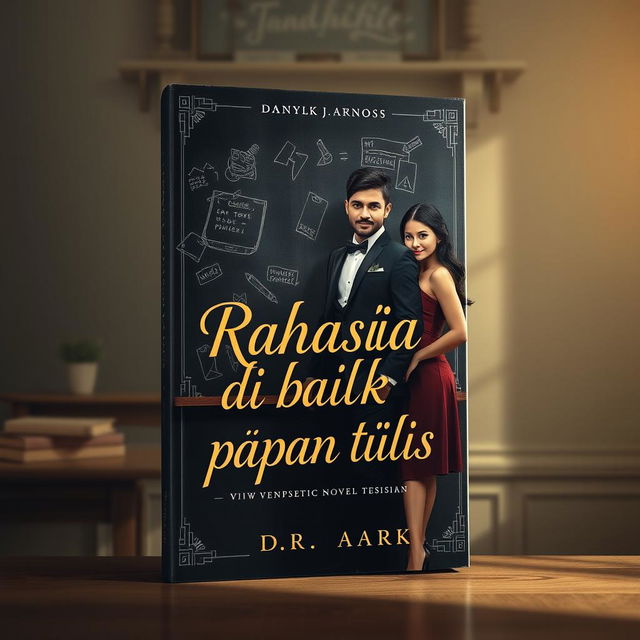 A captivating book cover for a novel titled 'Rahasia di balik papan tulis'