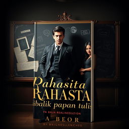 A captivating book cover for a novel titled 'Rahasia di balik papan tulis'