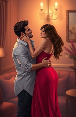 A passionate and romantic scene depicting a love triangle between two handsome males and one beautiful female