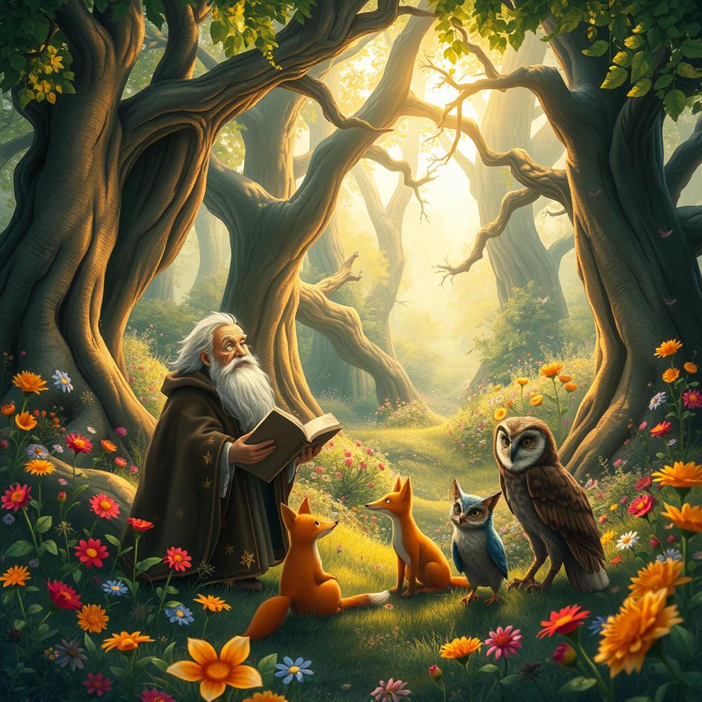 A captivating scene from a traditional folktale, depicting a mystical forest filled with vibrant, colorful flowers, towering ancient trees, and magical creatures like fairies and sprites