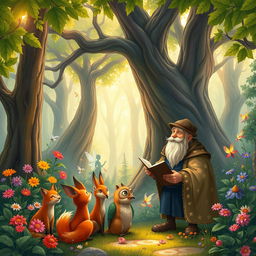 A captivating scene from a traditional folktale, depicting a mystical forest filled with vibrant, colorful flowers, towering ancient trees, and magical creatures like fairies and sprites