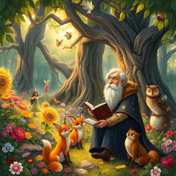 A captivating scene from a traditional folktale, depicting a mystical forest filled with vibrant, colorful flowers, towering ancient trees, and magical creatures like fairies and sprites