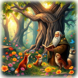 A captivating scene from a traditional folktale, depicting a mystical forest filled with vibrant, colorful flowers, towering ancient trees, and magical creatures like fairies and sprites