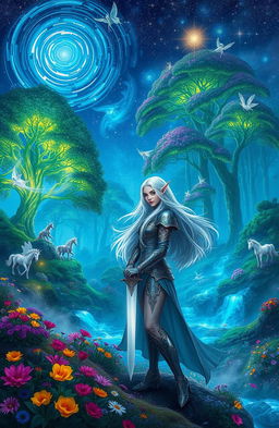 A mystical fantasy landscape featuring a vibrant, enchanted forest filled with towering, bioluminescent trees and sparkling streams