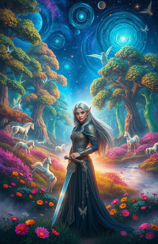 A mystical fantasy landscape featuring a vibrant, enchanted forest filled with towering, bioluminescent trees and sparkling streams