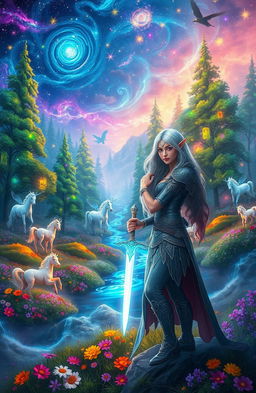 A mystical fantasy landscape featuring a vibrant, enchanted forest filled with towering, bioluminescent trees and sparkling streams