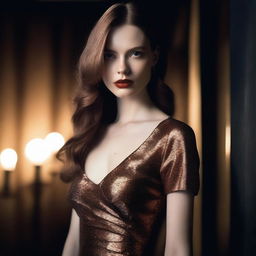 Capture a fashion model with pale skin and brown hair, posing from head to waist in a dark setting