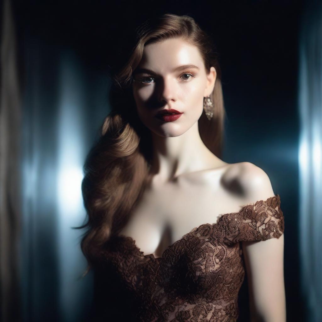 Capture a fashion model with pale skin and brown hair, posing from head to waist in a dark setting