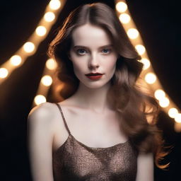 Capture a fashion model with pale skin and brown hair, posing from head to waist in a dark setting