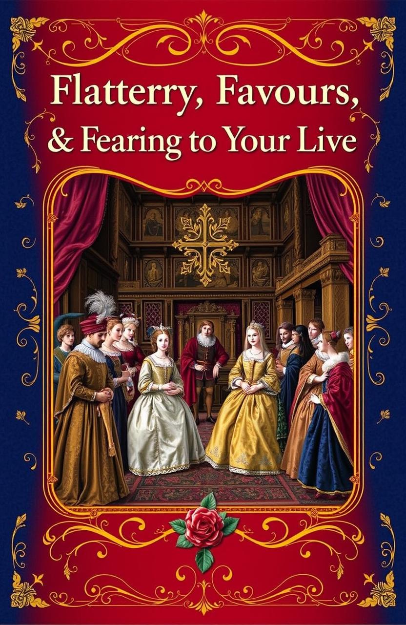 A Tudor-inspired book cover featuring rich, opulent colors like deep red, gold, and royal blue