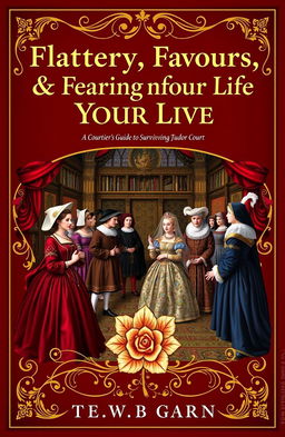 A Tudor-inspired book cover featuring rich, opulent colors like deep red, gold, and royal blue