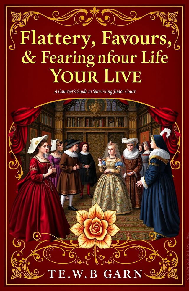 A Tudor-inspired book cover featuring rich, opulent colors like deep red, gold, and royal blue