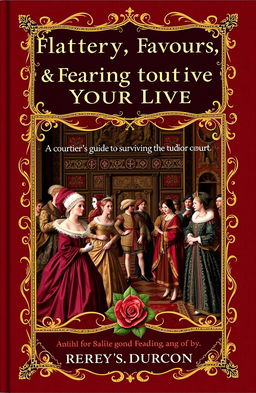A Tudor-inspired book cover featuring rich, opulent colors like deep red, gold, and royal blue