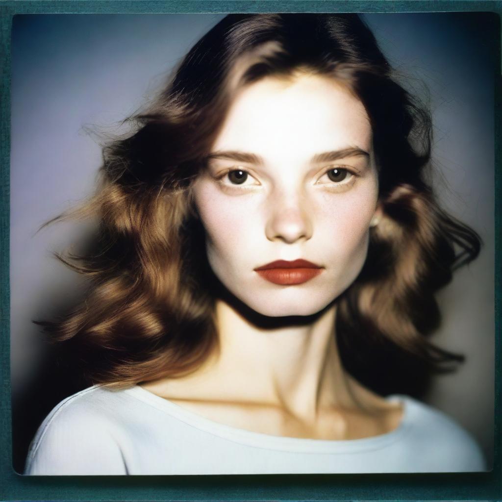 A highly detailed, realistic Polaroid image in high definition where a fashion model with pale skin and brown hair poses from head to waist in a low-light setting, illuminated by a camera flash