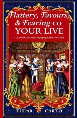 A Tudor-inspired book cover featuring rich, opulent colors like deep red, gold, and royal blue