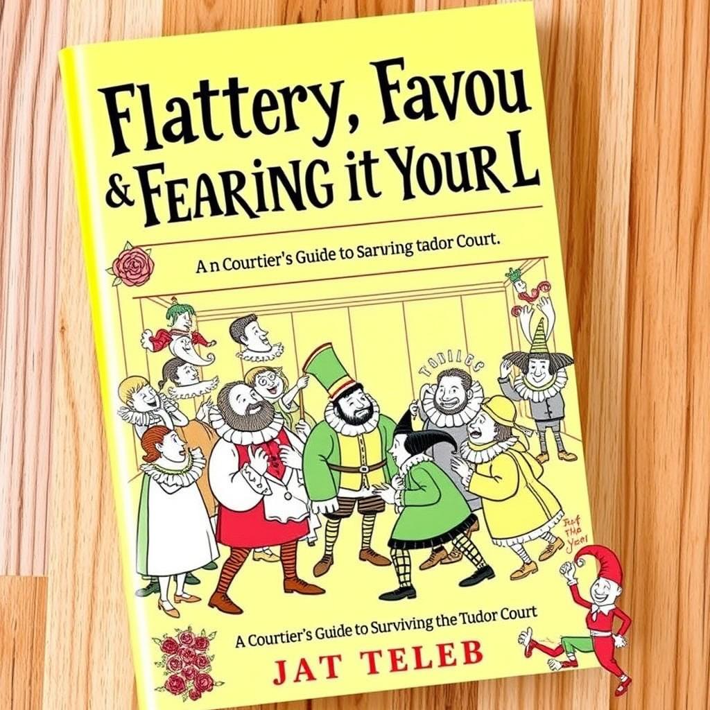 A comedic Tudor-inspired book cover featuring bright, humorous colors like vibrant yellow and light green